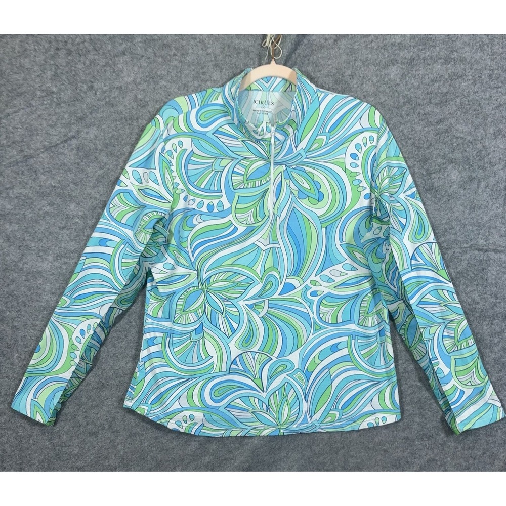 Icikuls 1/4 Zip Pullover Shirt Womens XL Blue Floral Mesh Inserts Stretch Golf